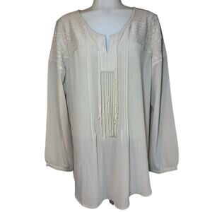 Chicos Top Shirt Womens Size 2 US 12 Large Beige Embroidered Beaded Sheer Blouse